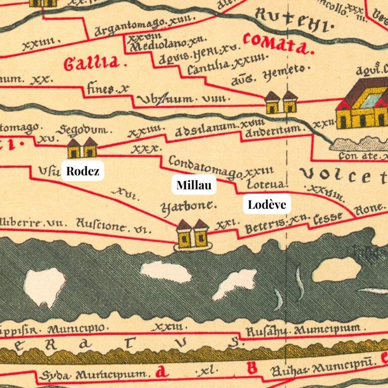 Carte des voies romaine dans l'herault - table de peutinger. Lodeve - Millau - Rodez